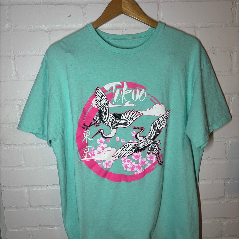 Teal Graphic T-Shirt with Crane Design